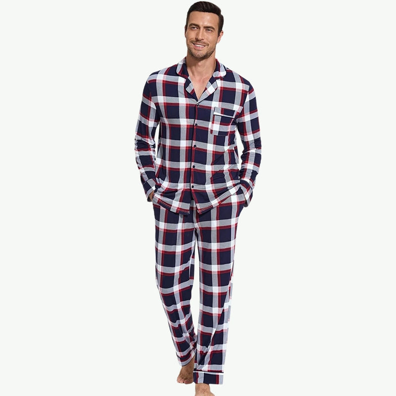 Conjuntos de pijamas de cuadros clásicos para hombre Pijamas de algodón personalizados al por mayor