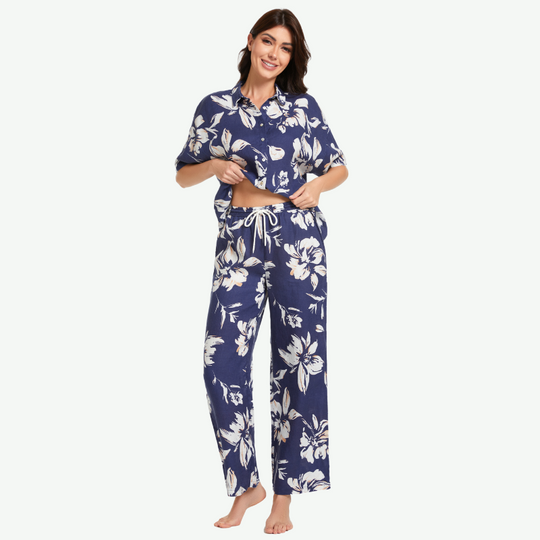 Female Printed Hemp Pyjama Set in Bulk-2211820173