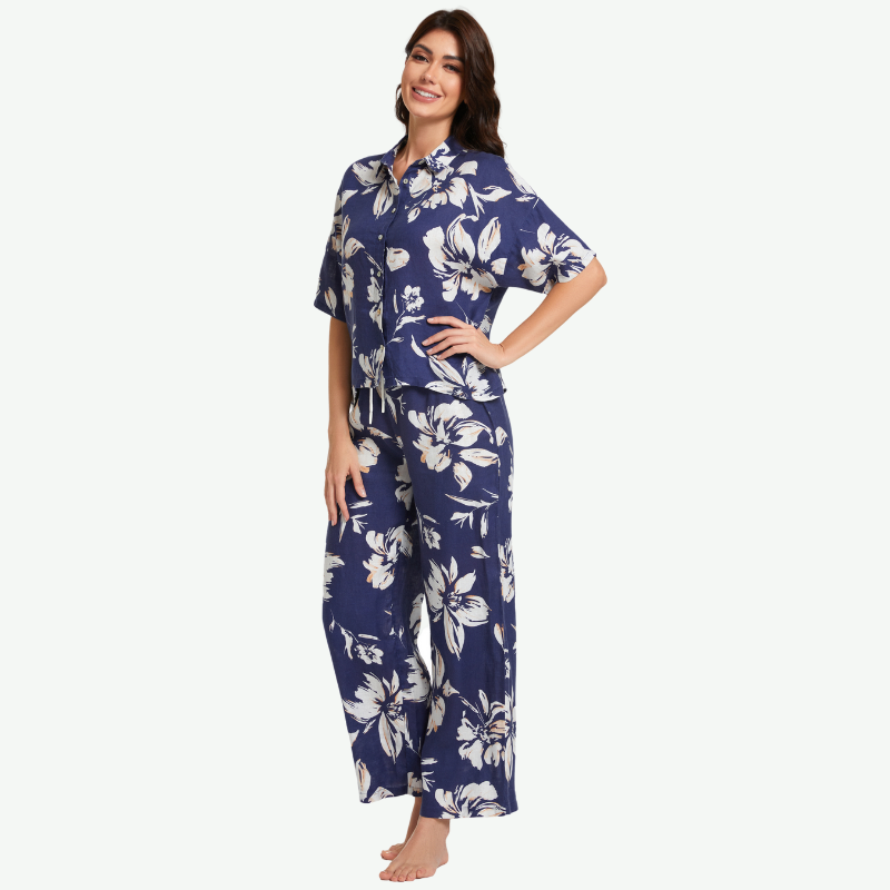 Female Printed Hemp Pyjama Set in Bulk-2211820173